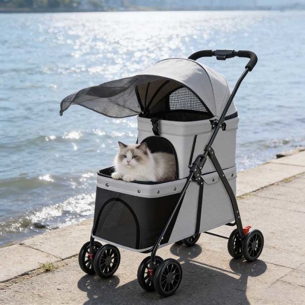 Bulk Foldable Pet Stroller | 4-Wheel Dog Cat Travel Stroller with Basket | Wholesale for Pet Retailers