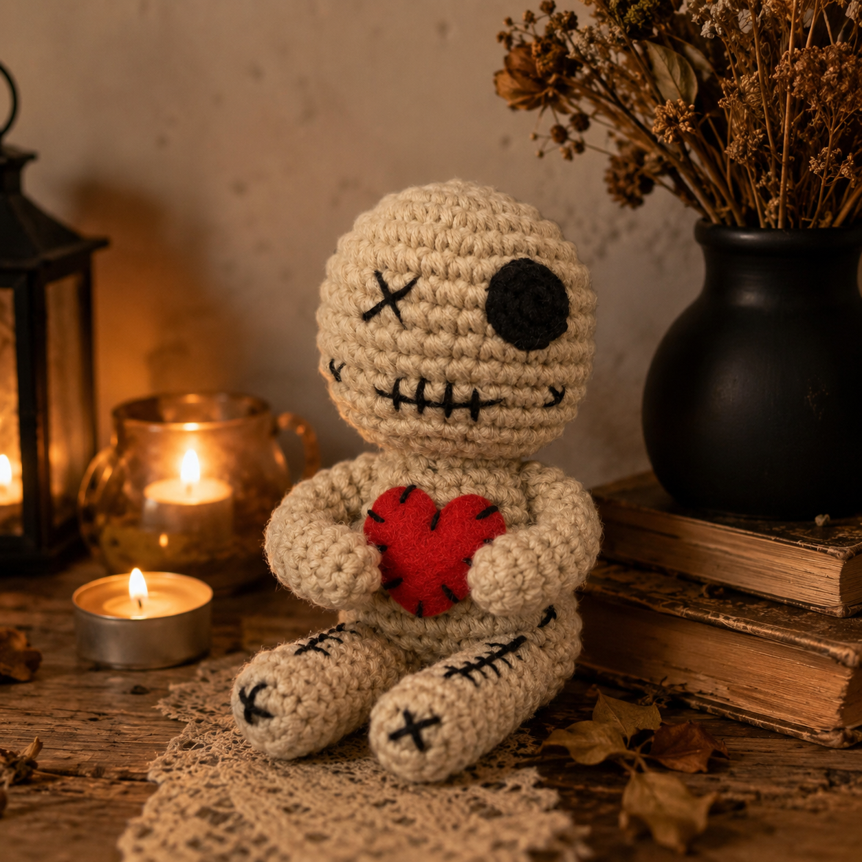Crochet Voodoo Doll Set Halloween Plush Decorations Handmade Style Spooky Party Decor Goth Room Ornament Festival Display Stuffed Yarn Doll for Haunted House Carnival Cosplay Gifts