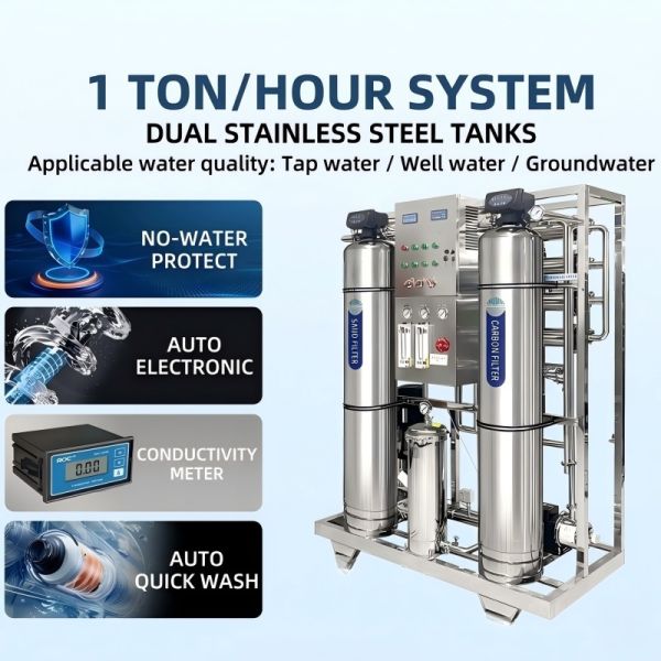 1000LPH All-Stainless Steel Commercial RO Plant With 2-Stage Pretreatment