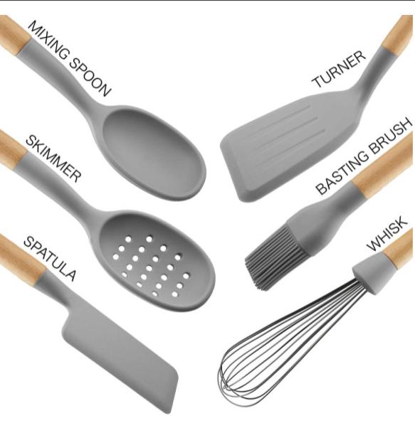 CU Approved Silicone Kitchen Utensil Sets , ODM Wooden Silicone Cooking Utensils