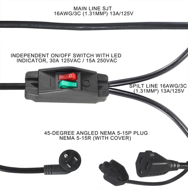 NEMA 5-15P to Dual Outlet Extension Cord with On Off Switch