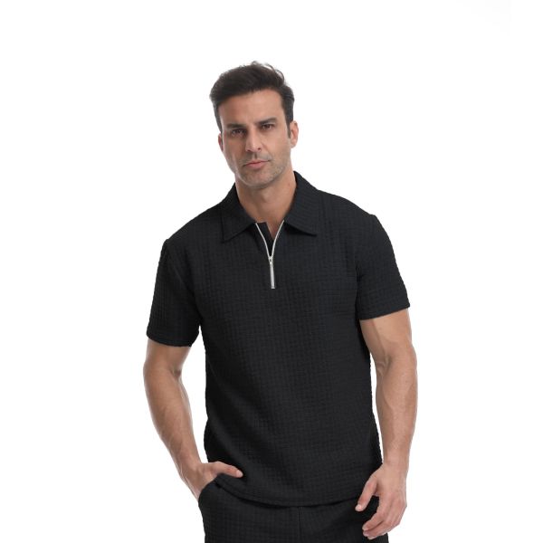Custom  Polyester Blend Stretch Fit Zipper Polo T-Shirt Premium Waffle Polo Shirt for Men