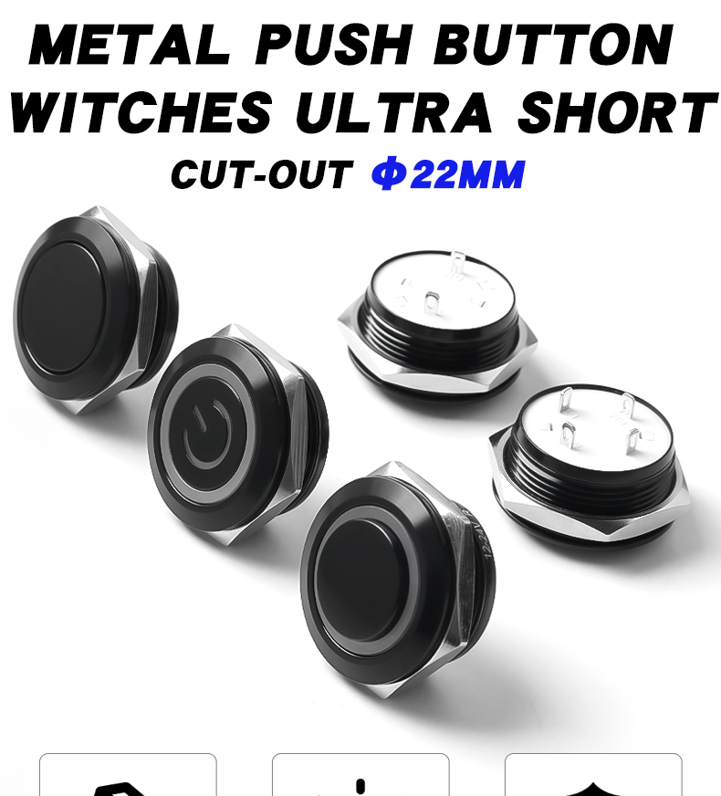 22mm Metal Button Switch Oxidized Black Waterproof IP65 Self-resetting 1NO Flat Head/High Head