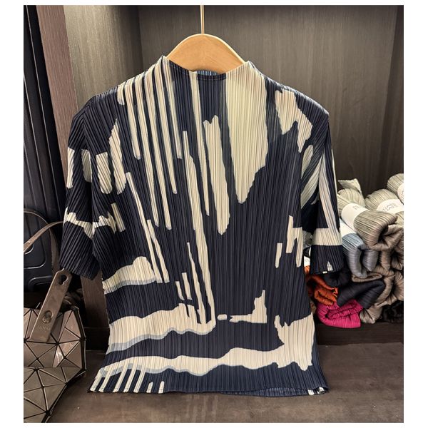 Women's Summer Two-Piece Casual Suit Color-Blocked Printed Pleated Stand-Up Collar Short-Sleeved T-Shirt Loose New Slimming Look
