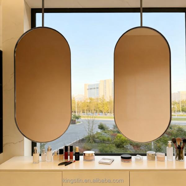Kingstin Custom Stainless Steel Ceiling Mounted Oval Bathroom Mirror, Hanging Vanity Mirror for Hotel & Villa