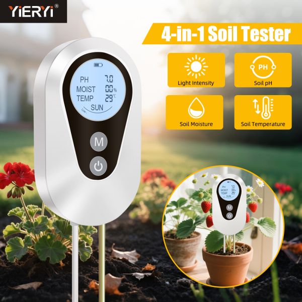 Digital 4-in-1 Soil PH Moisture Temperature Sunlight Tester With Backlit LCD For Garden Agriculture