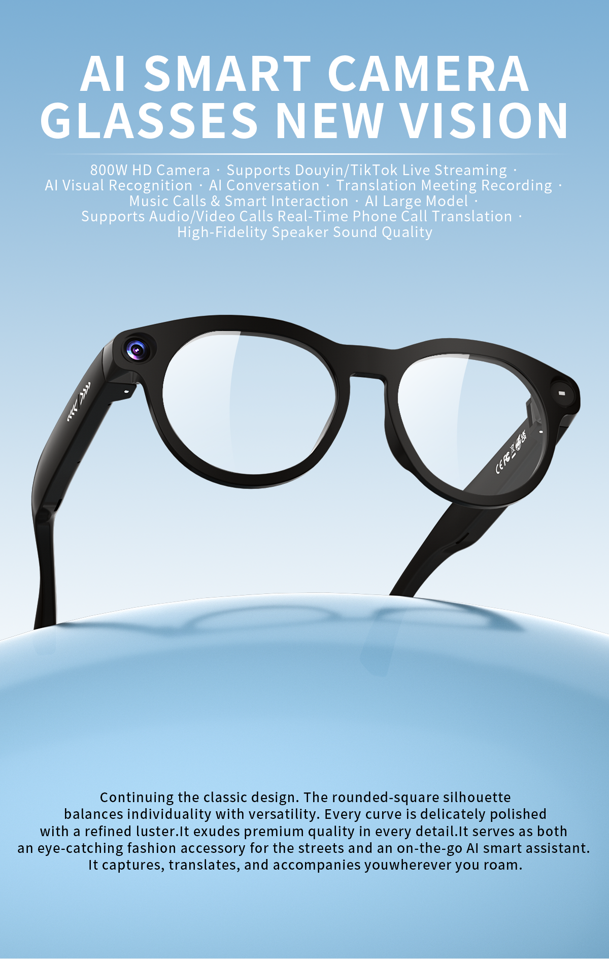 165 Languages AI Glasses Translator Audio / Video Call Translation Take Photo Video Recording