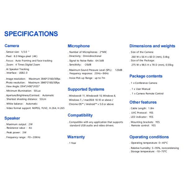 Video Camera For Interactive Flat Panel Smart Boards 4K With AI Tracing With Remoter