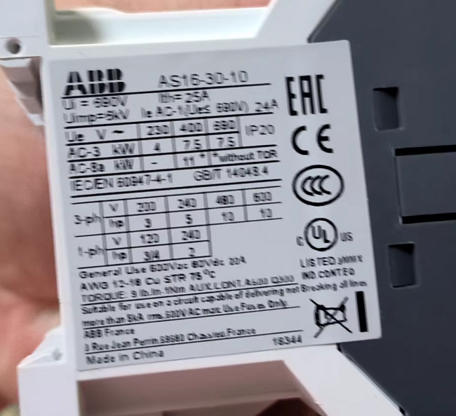 AS16-30-10-25 ABB Original ABB Contactor 16A 3-Pole 1NO 110V AC Coil