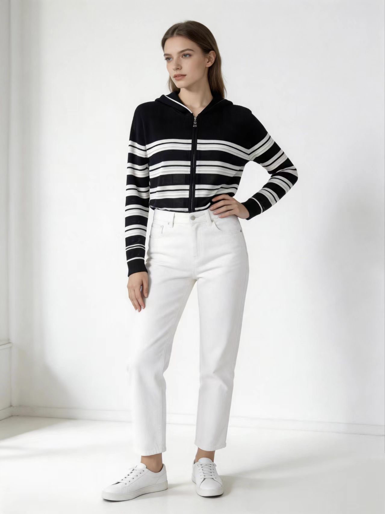 Women's Striped 16G Computer Knitted Hooded Cardigan with Good Elasticity and Nice Drape