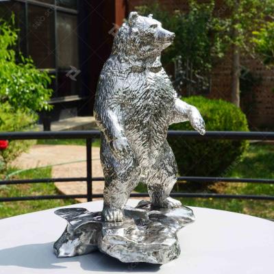 Escultura de aço inoxidável de cor prateada Urso de pé para decoração doméstica