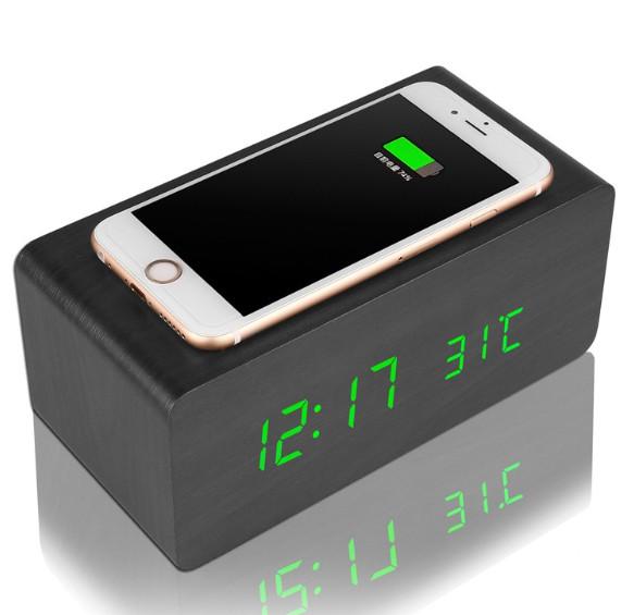 Universal Creative Desktop Charging Station Wooden Case With LED Alarm Clock