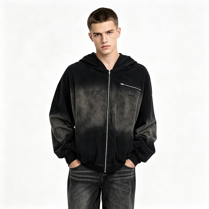 380GSM Men's Heavyweight Hoodie Gradient Vintage Wash Full Zip Hooded Jacket Oversized