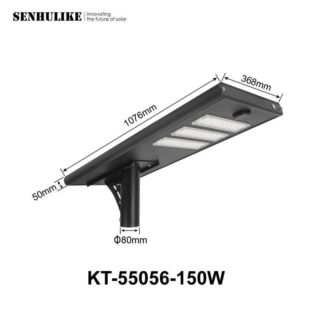 Black 150W All-in-One Solar Street Light 3 Modules IP65 Waterproof Aluminum Built-in Lithium Battery for Rural Road Village
