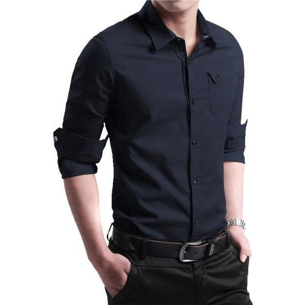 Slim Fit camisas formais masculinas em algodão simples tingido Materialização e construção