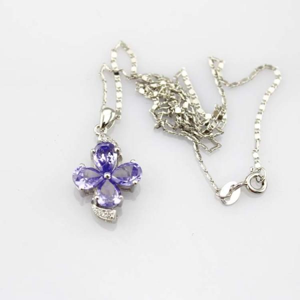 Sterling Silver  Chain Necklace with Blue Cubic Zirconia Quatrefoil Charm Pendant(P05)