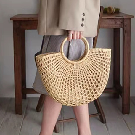 Natural Hemp Crochet Beach Tote Bag , woven rattan handbag With Cloth Inner