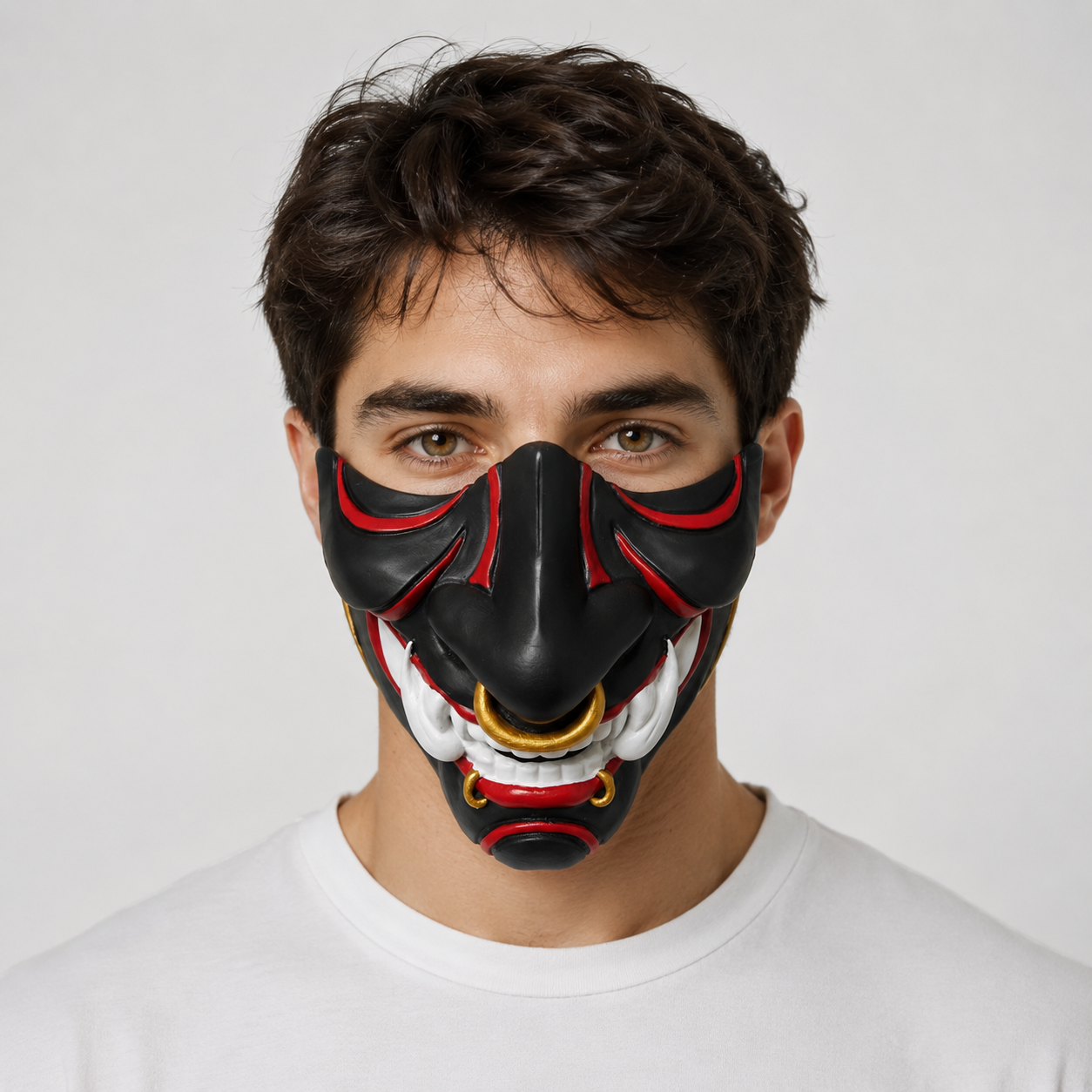 Resin Demon Half Face Mask, Black Red Oni Style Costume Mask with Gold Ring Accents for Adults, Halloween Cosplay, Masquerade Party, Festival Outfit, Photo Shoot and Stage Performance