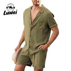 Calções de Verão para Homens Composto Simples Linho Algodão Respirável Cor Sólida Traje de Duas Peças