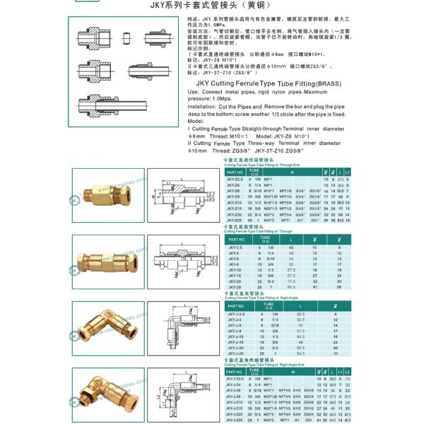 Cutting Ferrule Type Pneumatic Fittings , JKY Pneumatic Tube Fittings In Brass