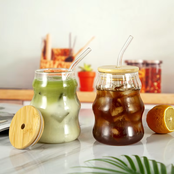 Ribbed Drinking Glass Iced Straw Tea Beer Boba Soda Can Tumbler Cup Waved Shape