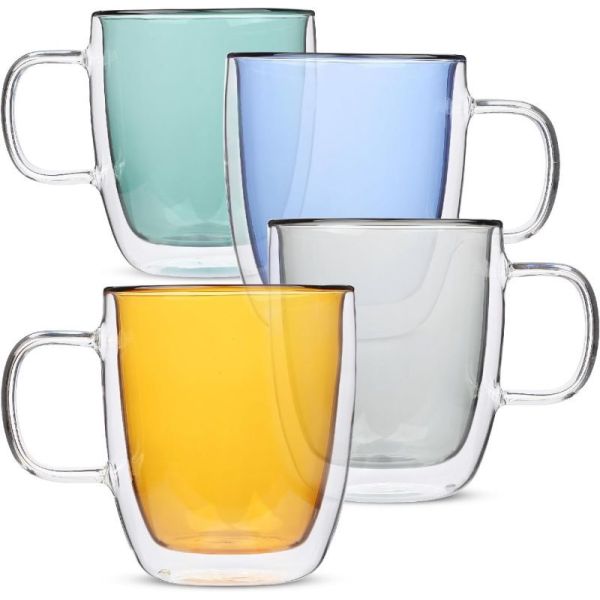 Reusable Colorful Double Wall Glass Mug Borosilicate Glass Cup With Handle 400ml