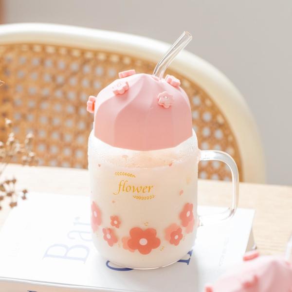 High Appearance Level Cherry Blossom Glass Cup With Straw Silicone Lid Cute Flower Girl Drinking Cup