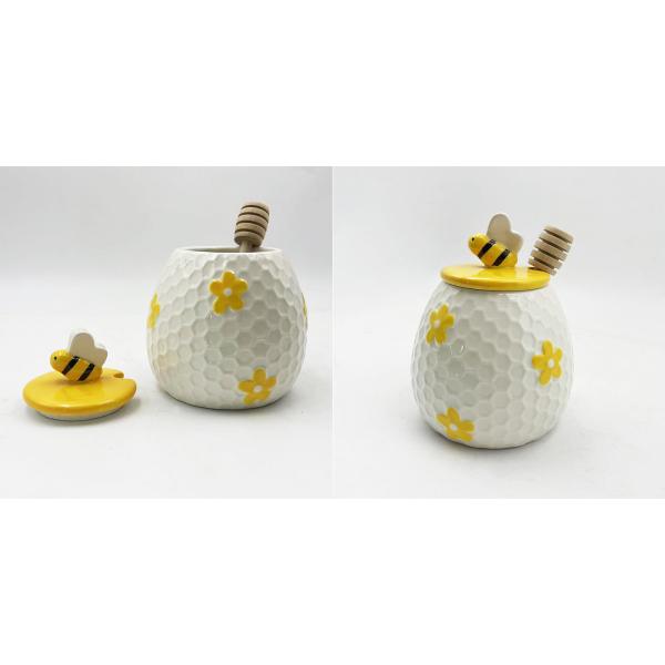 Farmhouse Style Embossed Bee Design Ceramic Honey Jar For Home Kitchen Decor