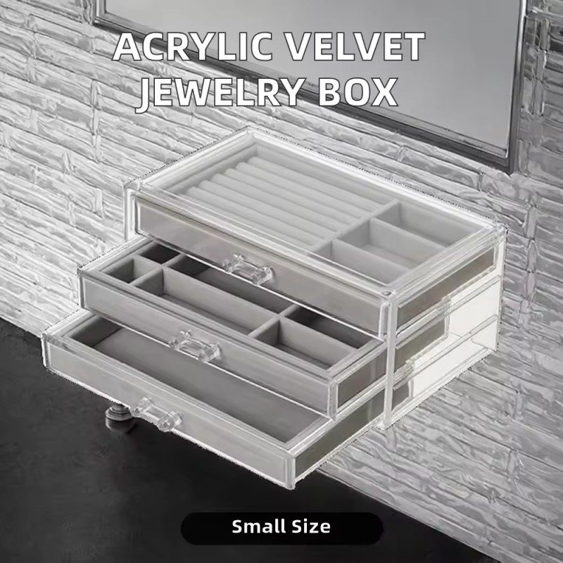 Hot Selling Retro Fashion Artwork Gray Velvet Transparent Acrylic Drawer Accessories Earrings Rings Storage Box