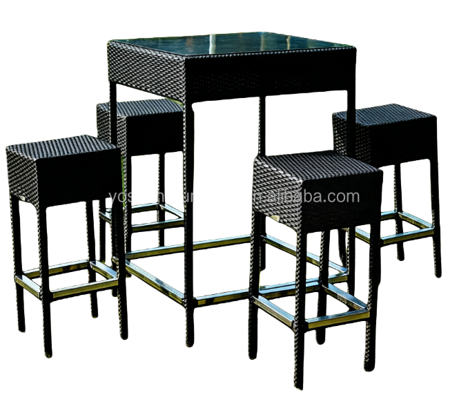 Customized Garden Furniture Rattan bar Table Set  5 Piece Wicker Plastic  Outdoor bar Stool Chairs Table Set