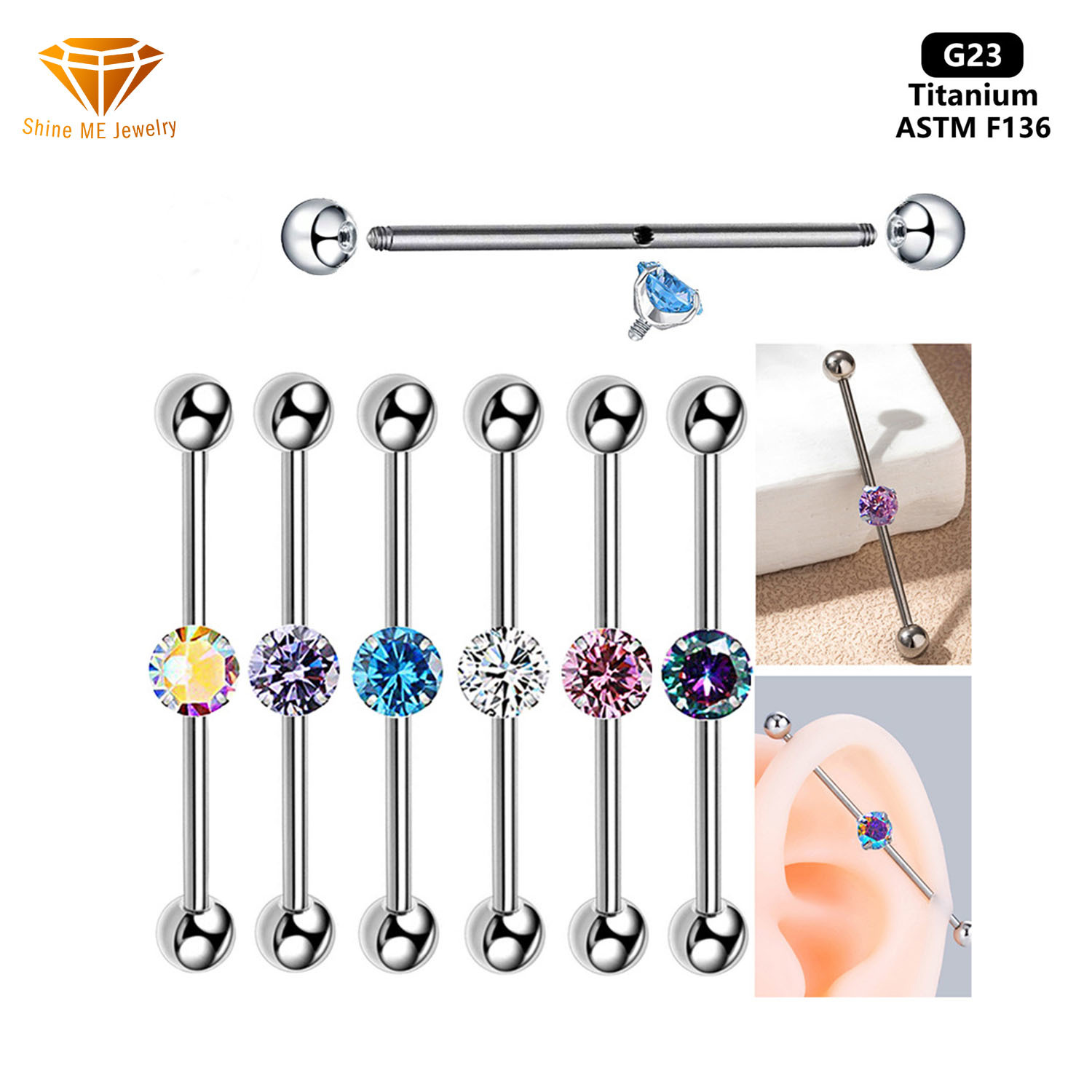 G23 titanium Industrial Barbells ear bridge with Bezel CZ ear bone nail TB0327