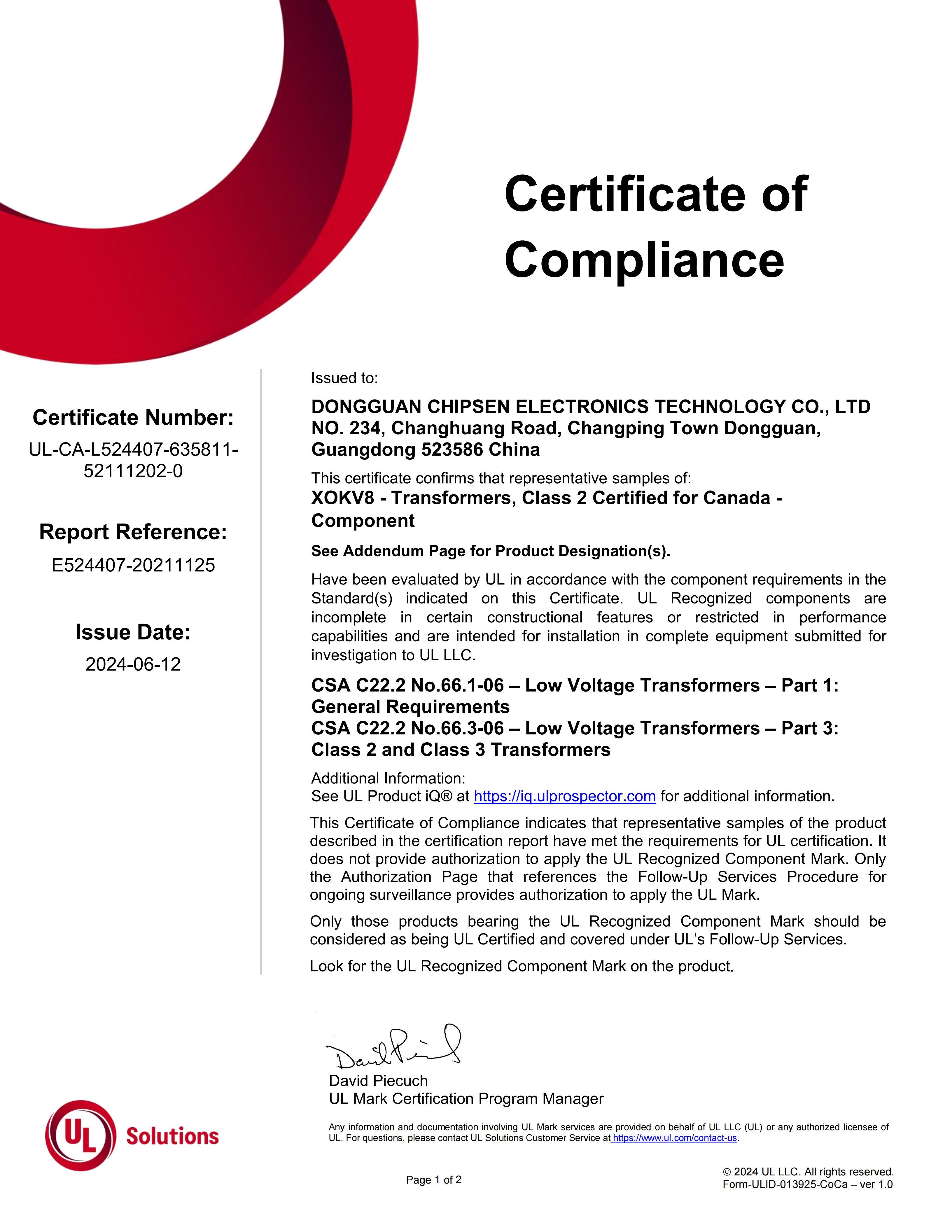 Dongguan Chipsen Electronics Technology Co., Ltd. Certifications