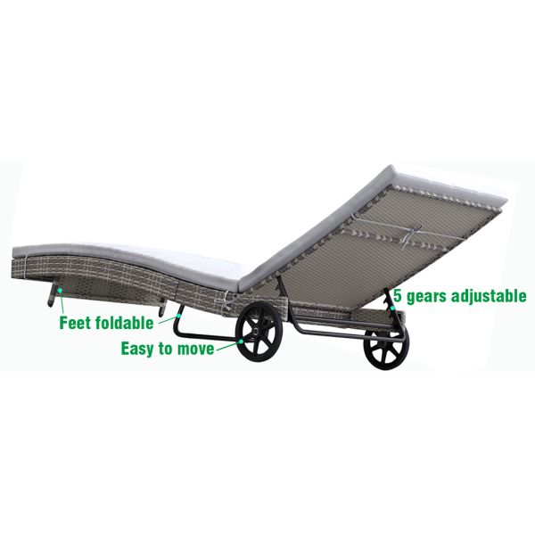 Outdoor Beach Swimming Pool Folding Lounge Chair Sunbed With 2 Wheels Customized Rattan Sunlounger