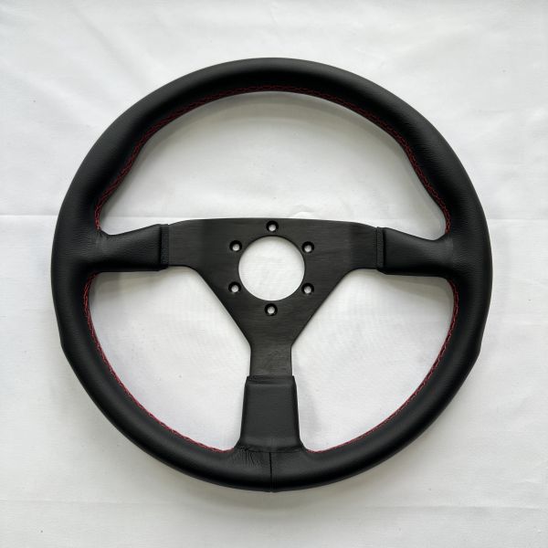 DELUXON 350mm Dia Racing Steering Wheel With 36mm Dish , Black Microfiber Leather , 5 MM 6061 Aluminum Alloy Black Spoke,Red