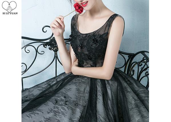 Black Sleeveless Short Length Prom Dresses Bandage Perspective Lace Flowers