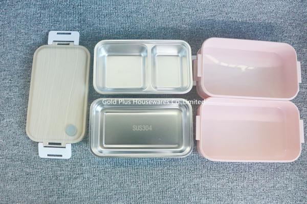 Tableware double layer stailness steel insulated lunch box PP plastic bento food box with wooden style lid