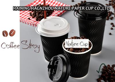 Embossed Black Ripple Coffee Cups , Custom Printed Paper Coffee Cups With Straws
