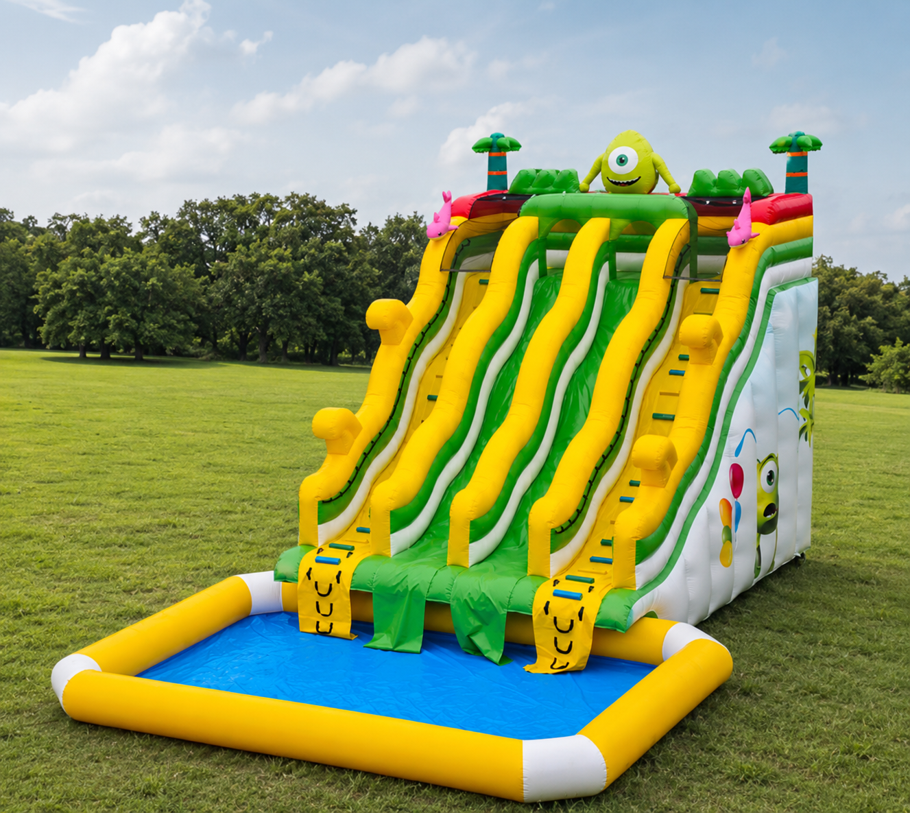 Cartoon Monster University Themed Inflatable Water Slide, Outdoor Tropical Palm Tree Inflatable Waterslide With Splash Pool For Kids Event Business
