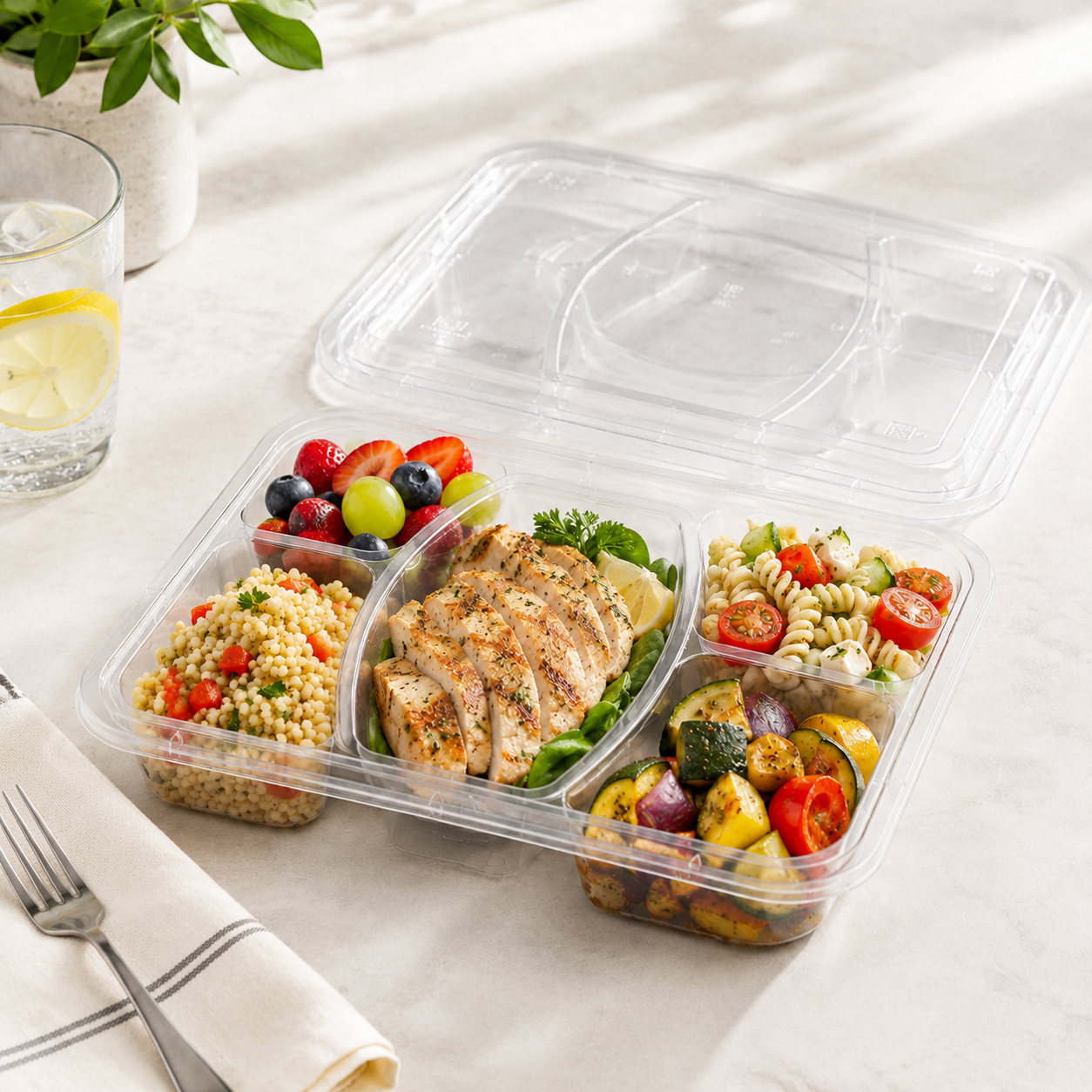 Five Section PP Compartment Food Containers for Large Sharing Meal Trays