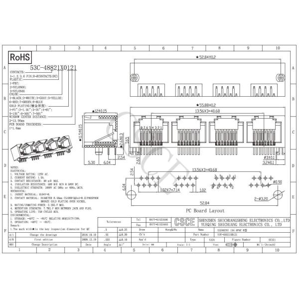 8P8C 1 X 4 RJ45 Multi Port Yellow Color Window Center Distance 13.56mm 5324-B Mini Series