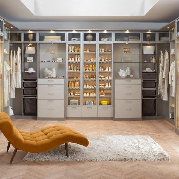 Modern Home Beige Grey Melamine Walk In Closet Glass Door For Dressing Room