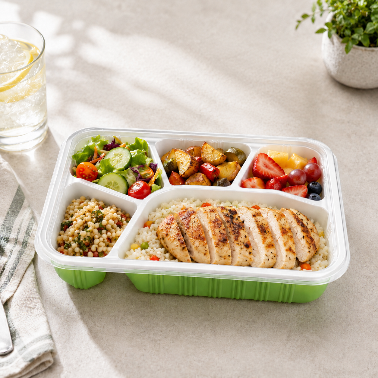 Meal Multi Compartment Trays Green Five Compartment PP Bento Box with Clear Lid