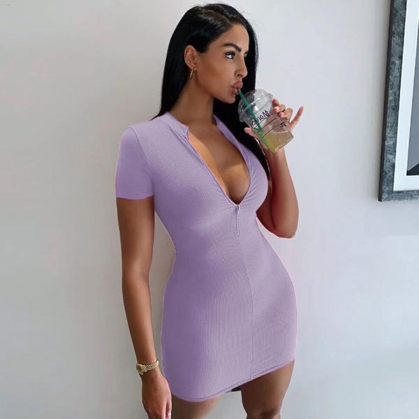 High Necked Elegant Summer Dresses Zip Up Short Sleeved Dress