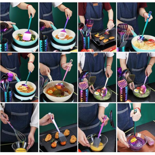 Phthalatefree Stainless Steel Kitchen Utensil Sets , Rainbow Cooking Utensils