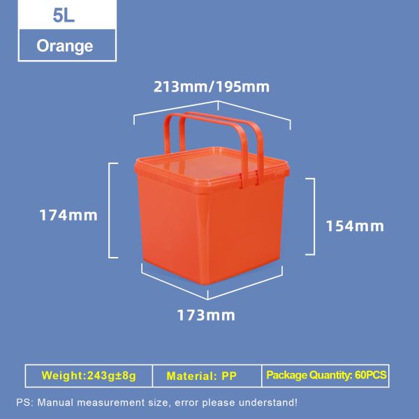 5L Plastic Square Bucket With Dual Handle and Lid Food Grade PP Container