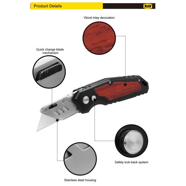 SX355 Heavy Duty Premium Folding Utility Knife with Wooden Inlays and Aluminum head