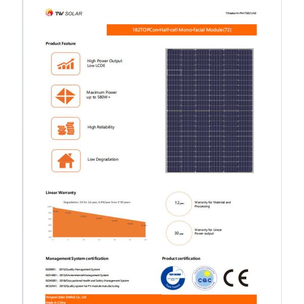 182 Topcon TW Module solaire 565W 570W 575W 580W Panneau photovoltaïque