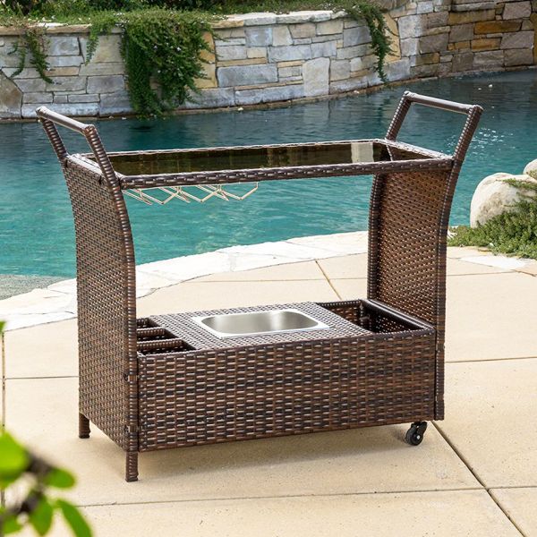 Wholesale Cheapest Steel Frame Rattan bar Cart Outdoor Indoor Use Bistro Cart Trolley Cart