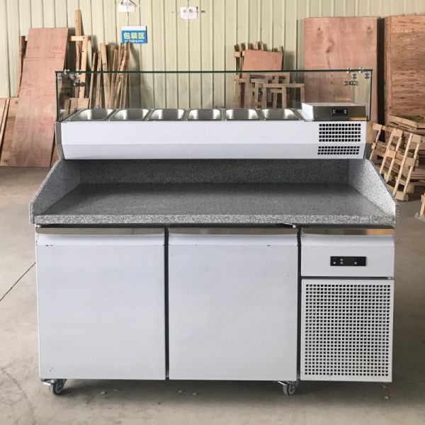 Marble Top Stainless Steel Pizza Prep Table Refrigerator Salad Workbench Chiller Worktable With Glass Cover