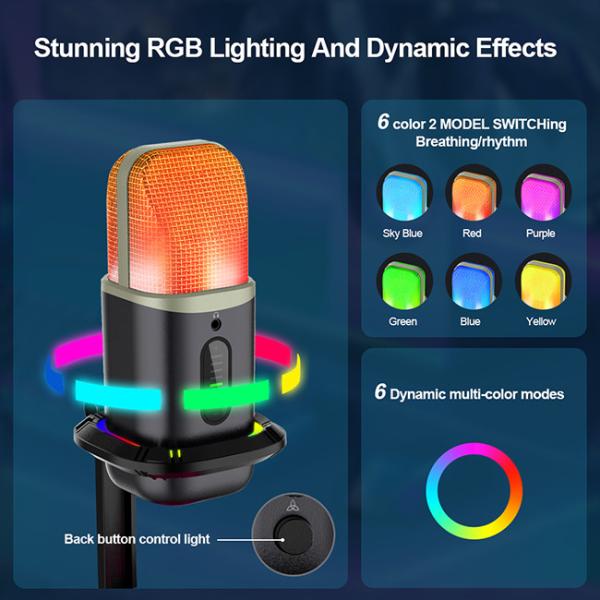 RGB USB Condenser Microphone Omnidirectional Cardioid Microphone With LED Lights